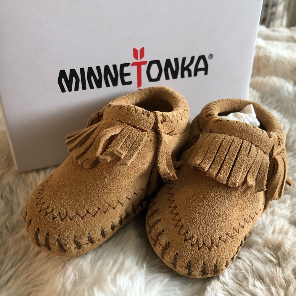 Minnetonka Riley Tan Suede Infant Baby Bootie Moccasins